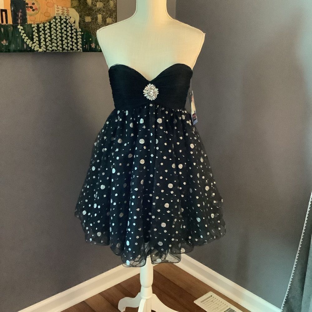 NWT Frenchy Black Polka Dot Party Dress with‎ Strapless Design